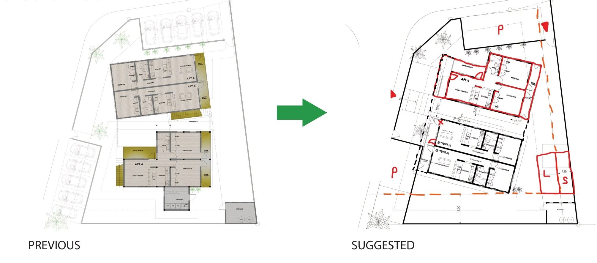 Abstracted original and suggested plan arrangement from a completed design review